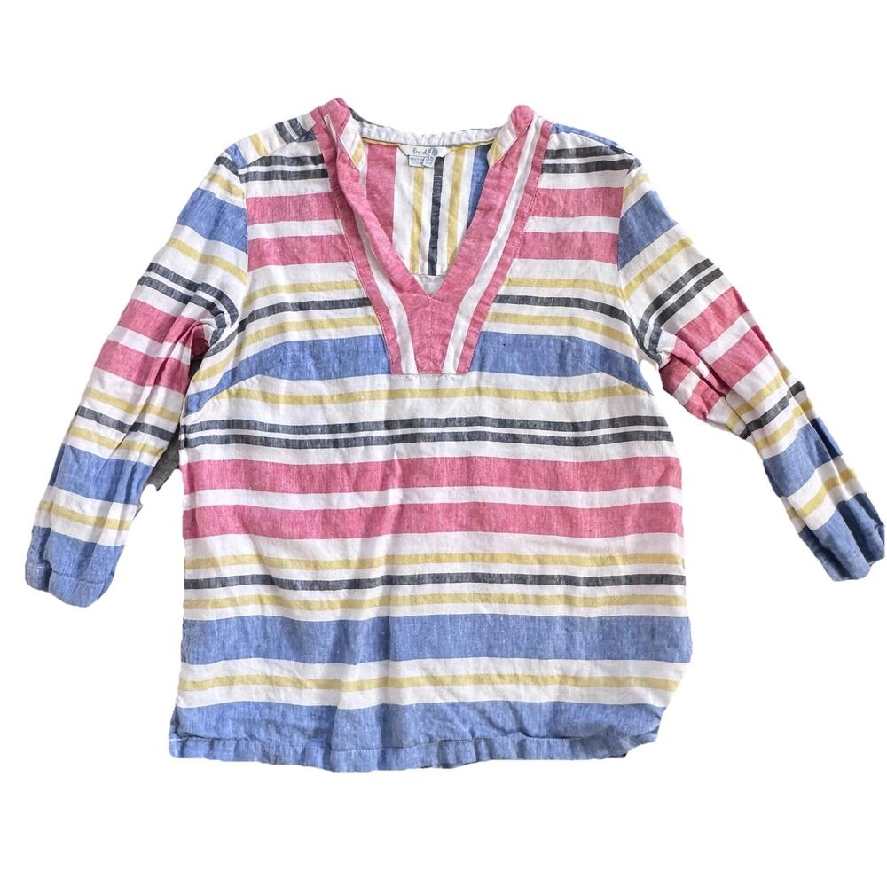 Boden Womens 100% Linen V-neck Pastel Striped Blouse Shirt Sz 8 Coastal Beach